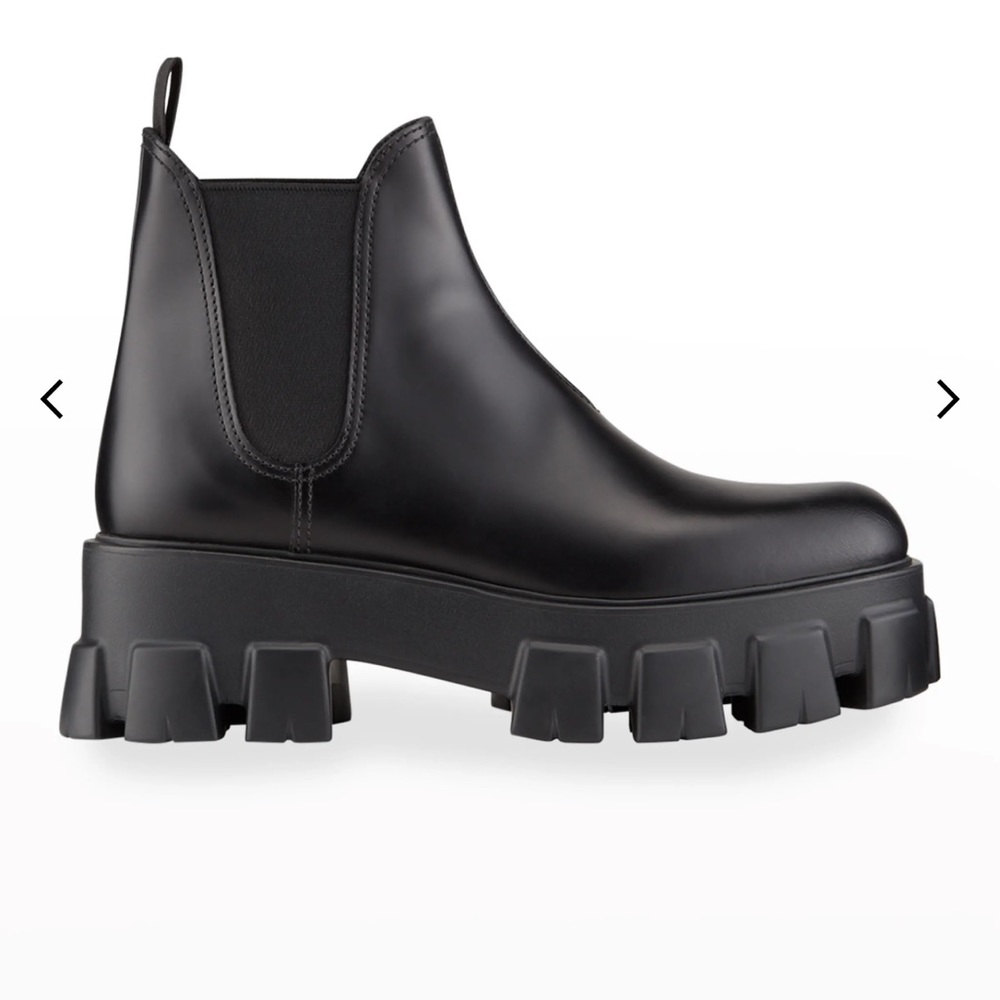 Prada Monolith Leather Lug-Sole Chelsea Booties